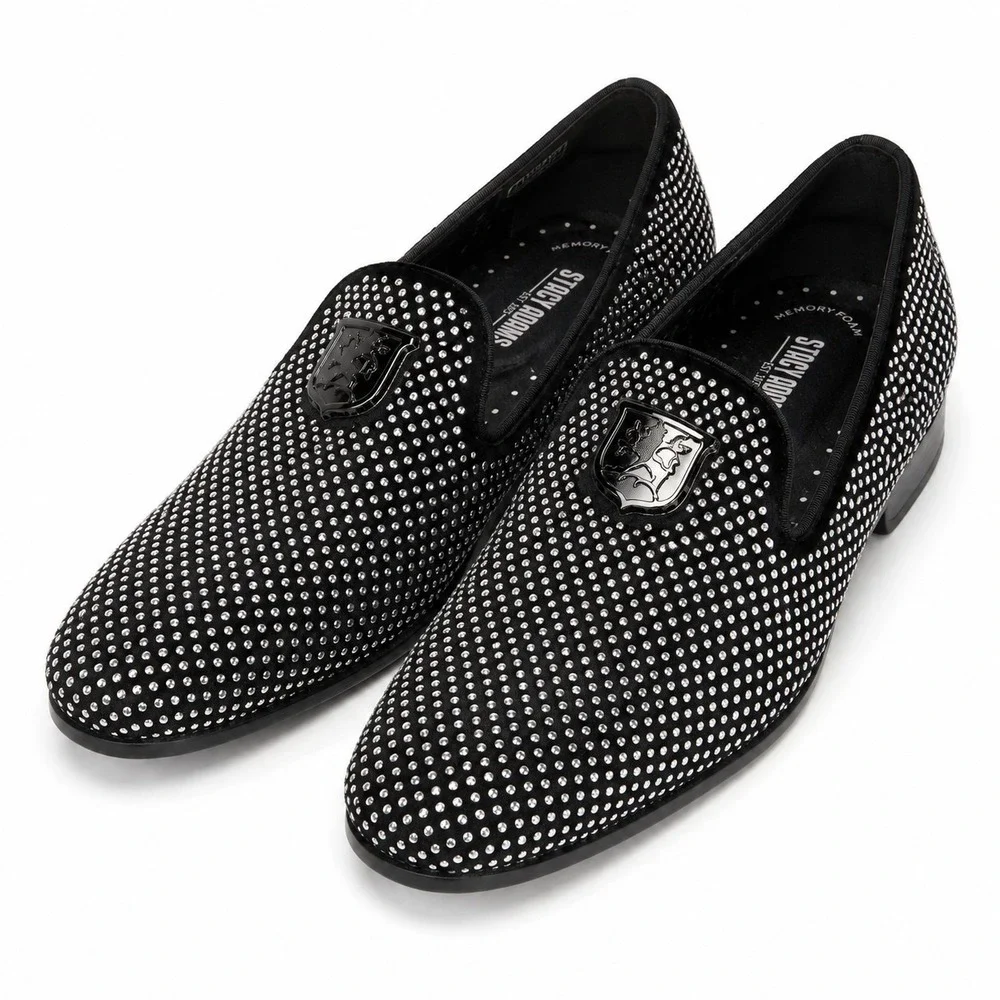 Stacy Adams Men's 13M Black Rhinestone Smoking Slippers Loafers Crest Shoes
